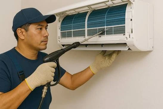 Illustrative technician cleaning a wall-mounted split air conditioner